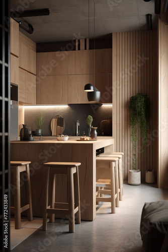 Kitchen interior in modern house in Japandi style.