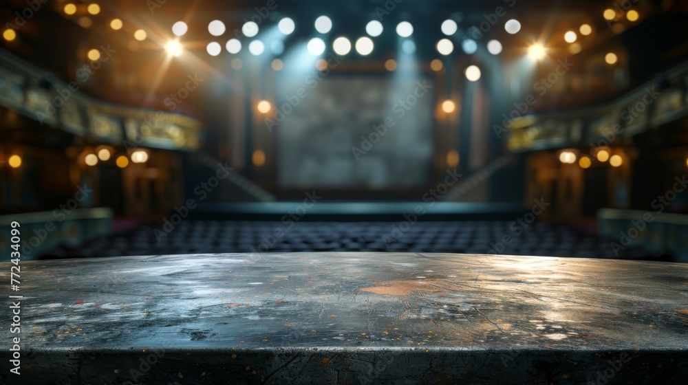 Stone table top with copy space. Theater background