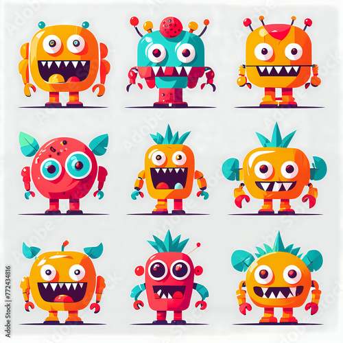 Set  Vibrant Flat Design  Playful Exaggerations of Colorfull Monsters  fruits and love