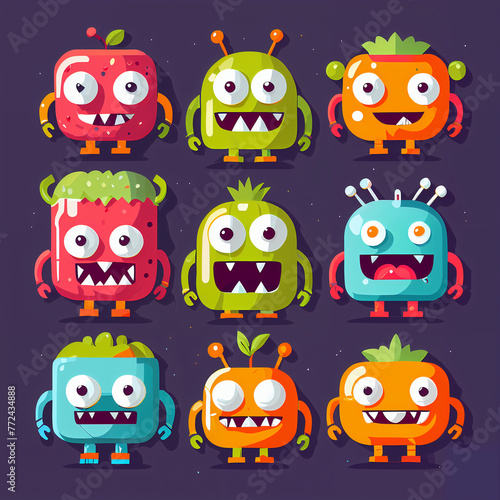 set, Vibrant Flat Design: Playful Exaggerations of Colorful Monsters