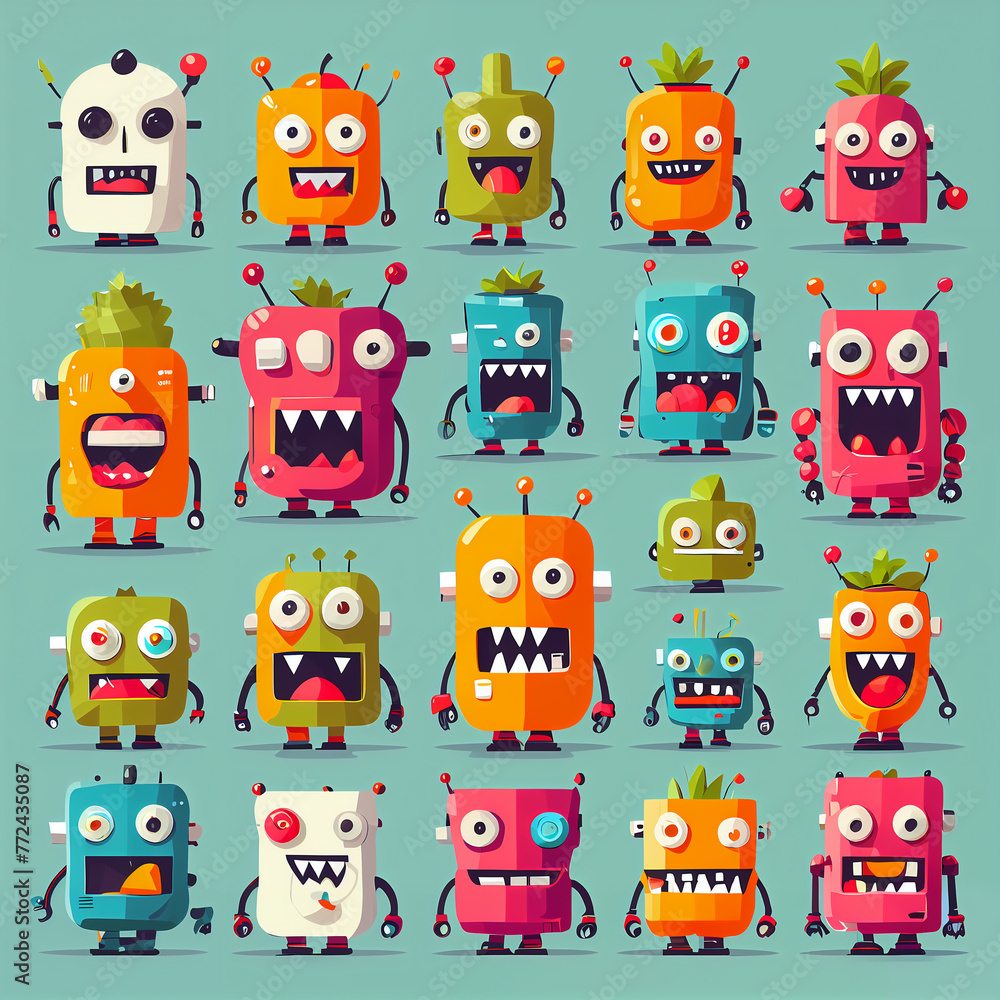 set, Vibrant Flat Design: Playful Exaggerations of Colorful Monsters
