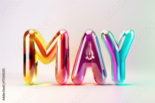 3D text 'MAY' with a reflective multicolored gradient on a light background.