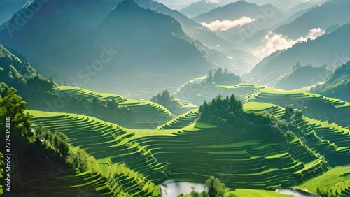 Green Terraced Rice Field in Mu Cang Chai, YenBai, Vietnam, AI Generated photo