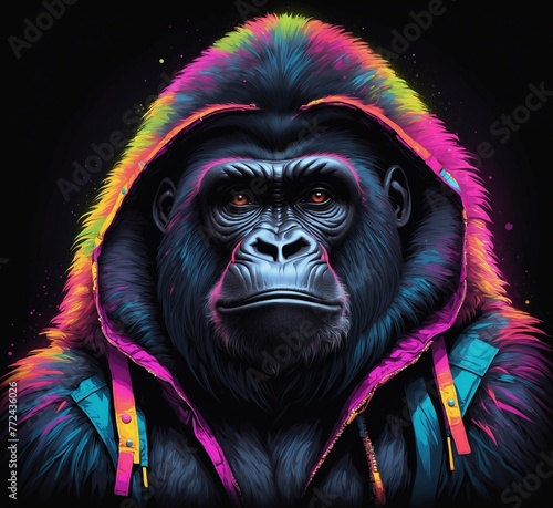 Gorilla with colorful raincoat on black background. Vector illustration.