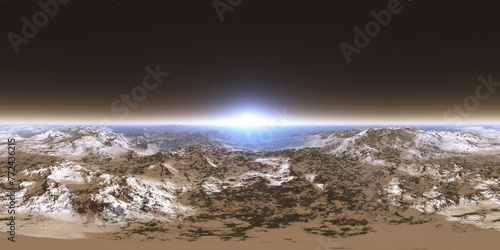 HDRI, Round panorama, spherical panorama, sunrise over the planet, sunrise over the icy moon, 3D rendering © ustas