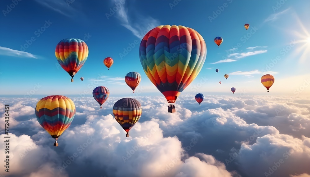 Colorful air balloons flying in the sky over clouds landscape Colorful air balloons flying in the sky over clouds landscape