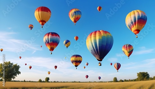 Colorful air balloons flying in the sky over clouds landscape © Lied