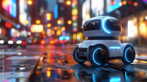 Futuristic Robot Roaming City Streets at Dusk