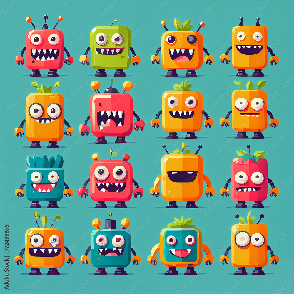 Obraz premium set, Vibrant Flat Design: Playful Exaggerations of Colorful Monsters