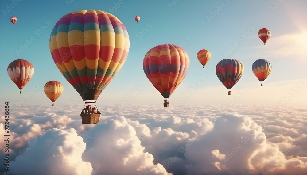 Naklejka premium Colorful air balloons flying in the sky over clouds landscape
