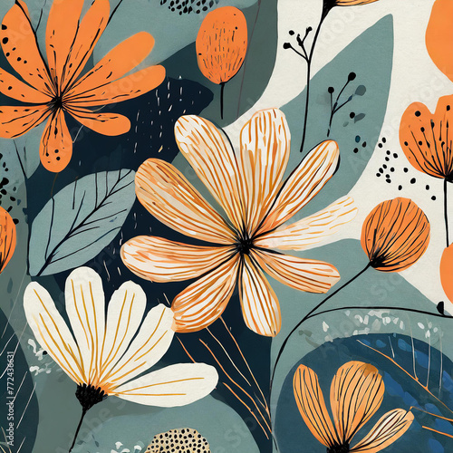 Hand drawn simple abstract flowers print. Trendy collage pattern