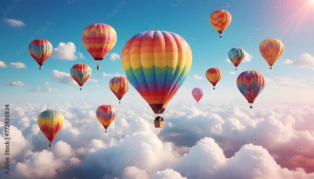 Fototapeta premium Colorful air balloons flying in the sky over clouds landscape