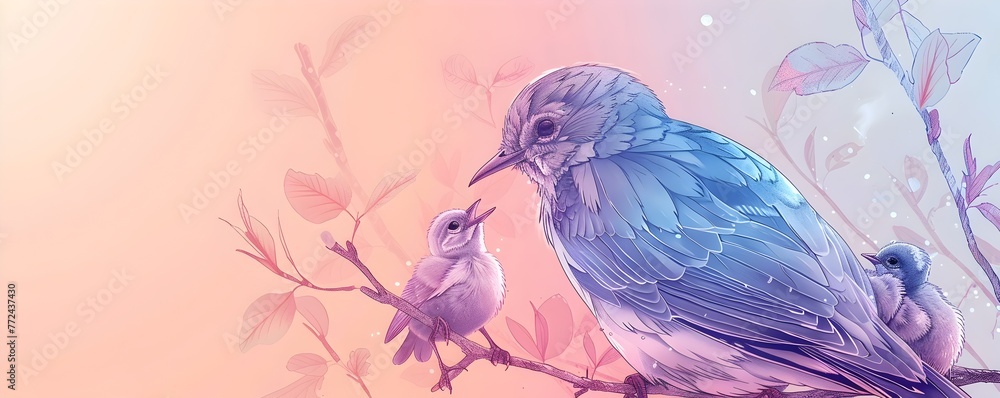 Elegant Blue Bird Perched on Flowery Branch in Dreamy Pastel Landscape