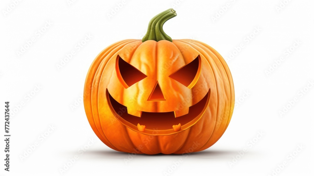 Halloween delight: a grinning pumpkin lantern, carved to perfection, stands alone against a clean white background. Halloween delight: a grinning pumpkin lantern, carved to perfection, stands alone against a clean white background.