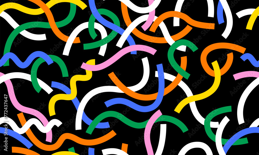 Colorful line doodle seamless pattern. Simple childish hand drawn seamless pattern. Random colorful scribble backdrop with swirls, bundles and dots. Fun colorful abstract background in doodle style