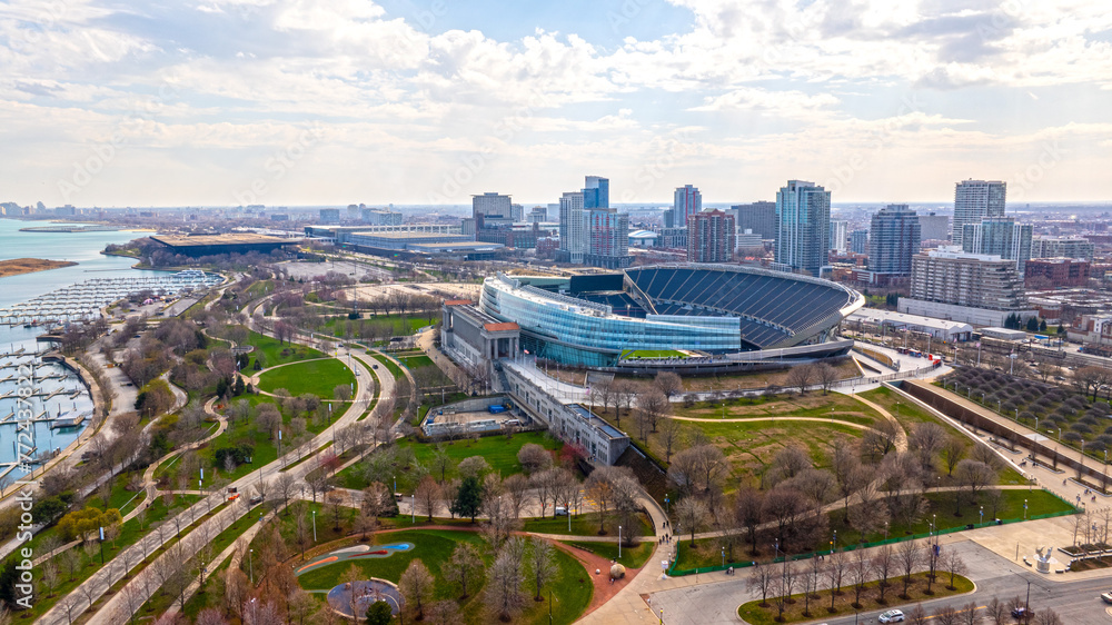 Obraz premium Aerial view of Chicago, Illinois, USA. Soldier Field Stadium. 2024