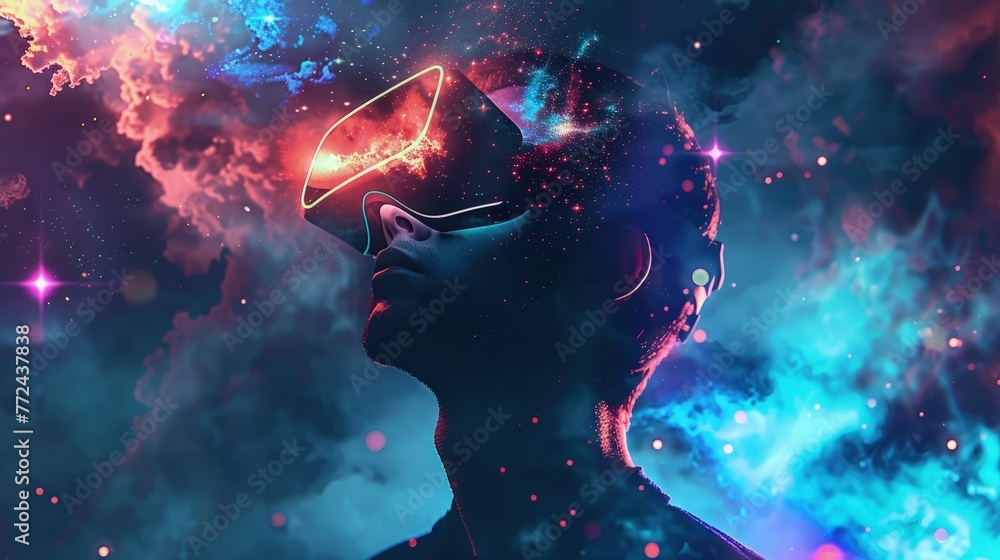 A person experiences a vibrant virtual reality cosmos