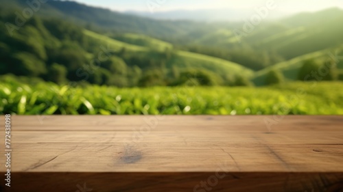 The empty wooden table top with blur background of tea plantation. Exuberant image. generative AI © Summit Art Creations