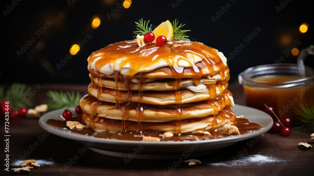 Pancakes with caramel sauce and cranberries on a wooden background Pancakes with caramel sauce and cranberries on a wooden background
