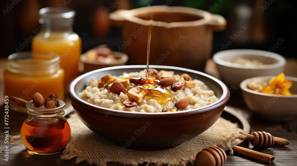 Oatmeal with nuts and honey in a bowl on a wooden table - obrazy, fototapety, plakaty 