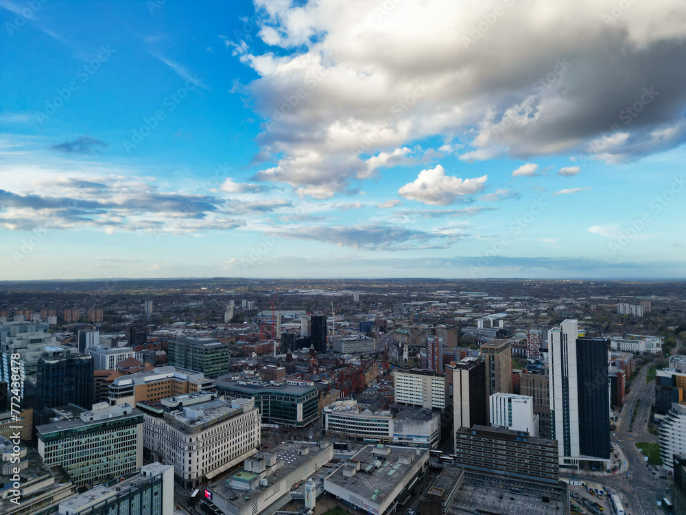 Aerial View of City Centre Buildings of Birmingham Central City of England United Kingdom During Sunset. March 30th, 2024