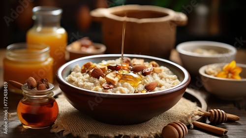 Oatmeal with nuts and honey in a bowl on a wooden table