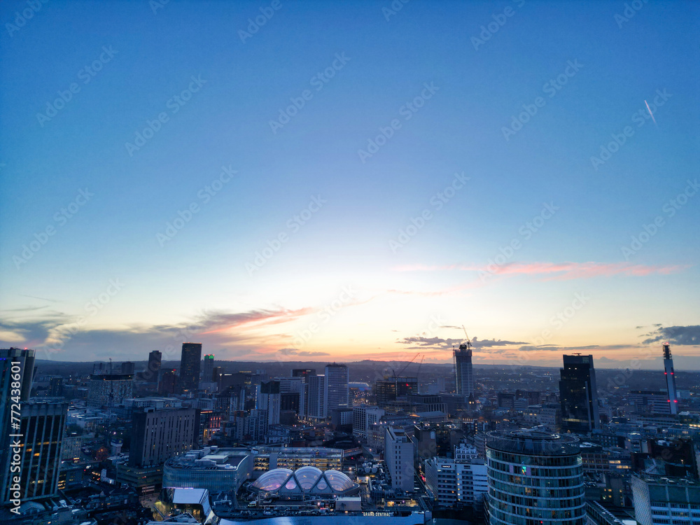 Fototapeta premium Aerial View of City Centre Buildings of Birmingham Central City of England United Kingdom During Sunset. March 30th, 2024
