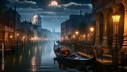 Venice at night with gondola and Santa Maria della Salute church, An elegant gondola floating on a moonlit Venetian canal, AI Generated photo