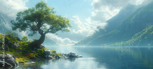 A serene landscape with a lush, green tree on the rocky shores of a tranquil lake, surrounded by towering mountains under a cloudy sky.