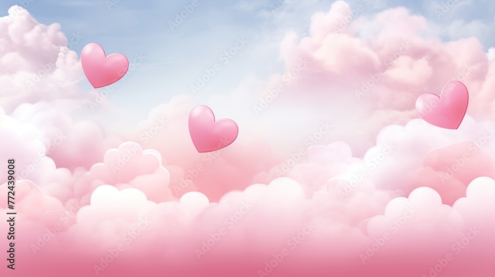 Whimsical sky with pink clouds and heart silhouettes, romantic atmosphere, Valentine backdrop, dreamlike celestial scene.