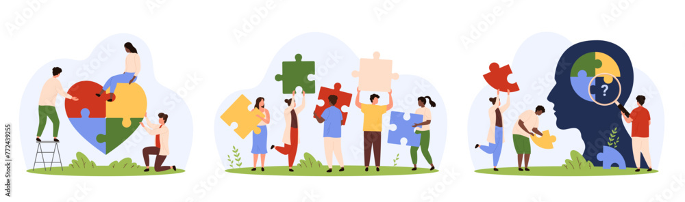 Teamwork on solution, building cooperation set. Tiny people holding puzzle parts together to fit together in heart, look through magnifying glass and find missing piece cartoon vector illustration