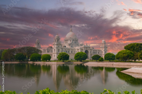 Sunrise or Sunset at Victoria Memorial, Kolkata, India: Marble Landmark Reflected in Serene Waters
