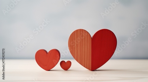 Romantic trio of wooden hearts casting soft shadows on a light background, Valentine's Day holiday. Concept: Valentine's day.
