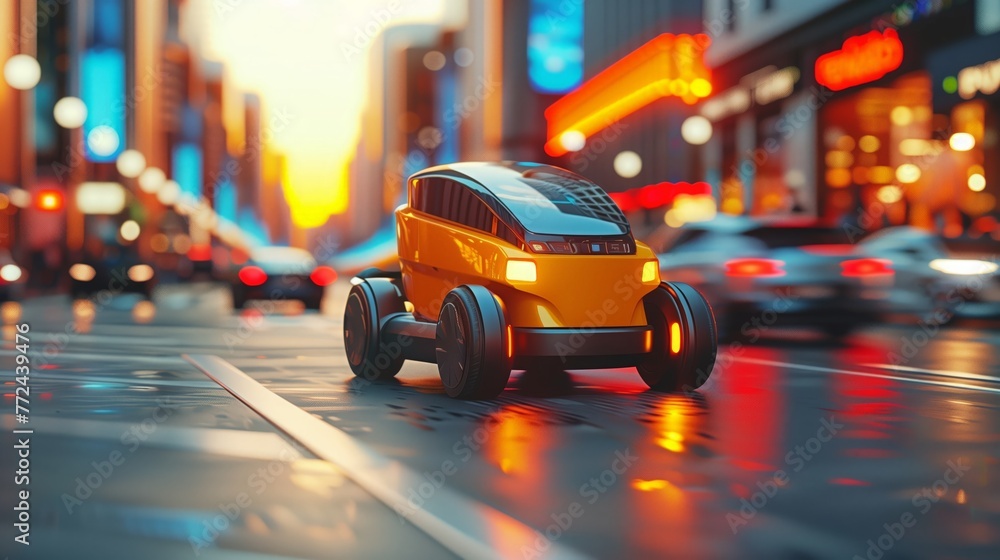 Autonomous Vehicle Navigating Through Neon-lit City at Dusk