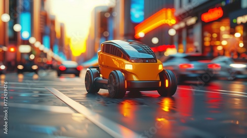 Autonomous Vehicle Navigating Through Neon-lit City at Dusk © Prostock-studio