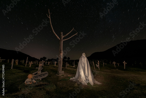 night view at the mythical Sad Hill cinematic cemetery with a dry tree and a ghost among the graves photo