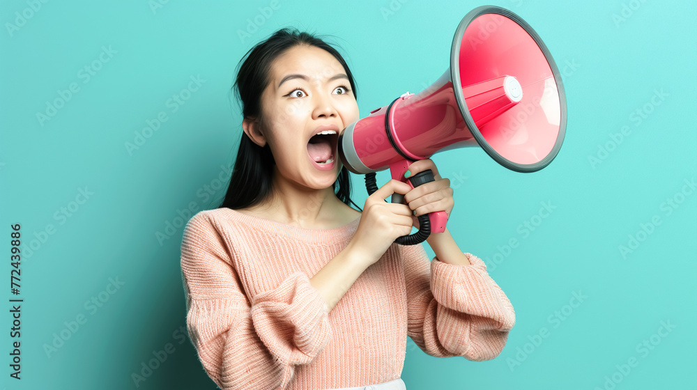 Enthusiastic young Asian woman with megaphone symbolizing smart consumerism and enthusiasm for saving. Voice loud budgeting, bright minimalistic background Enthusiastic young Asian woman with megaphone symbolizing smart consumerism and enthusiasm for saving. Voice loud budgeting, bright minimalistic background