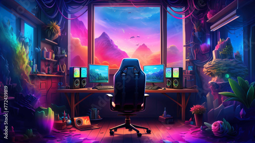 Spacious gamer room with full luxury PC gear with wide screen, soft chair, full RGB Generate AI