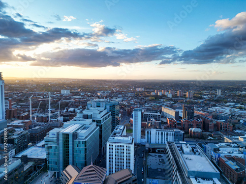 Aerial View of City Centre Buildings of Birmingham Central City of England United Kingdom During Sunset.
