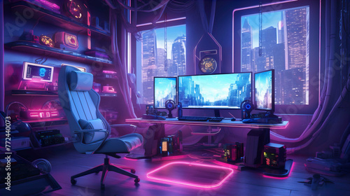 Spacious gamer room with full luxury PC gear with wide screen, soft chair, full RGB   Generate AI © VinaAmeliaGRPHIC