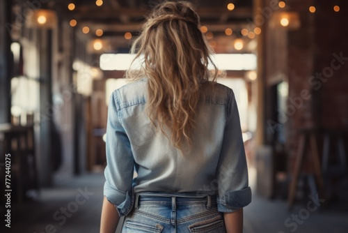 The illuminated scene shows a stylish long-haired blonde in jeans and a shirt, sitting from behind