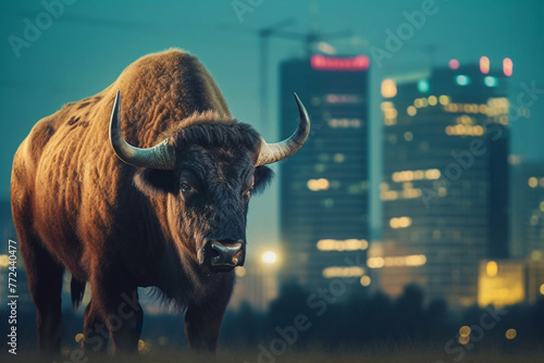 Bison standing against the background of a large city, generative ai