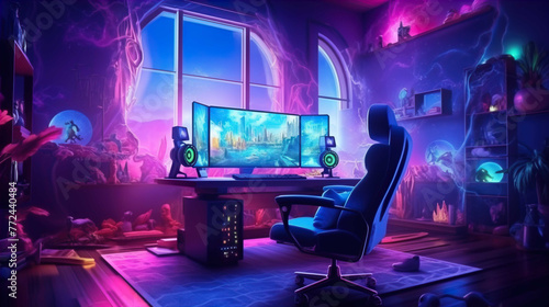 Spacious gamer room with full luxury PC gear with wide screen, soft chair, full RGB   Generate AI