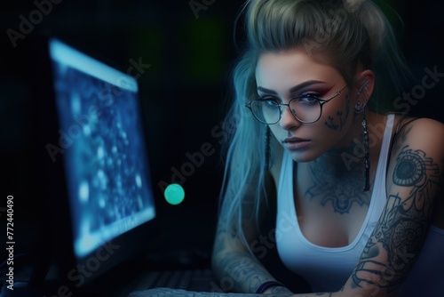 Coding session at dusk: concentrated female hacker with tattoos looking at camera surrounded by blue light from monitor.