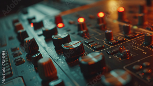 Close up of Mixer control. Music engineer, backstage controls on an audio mixer, sound mixer. Professional audio mixing console with lights, buttons, faders and sliders. sound check for concert.