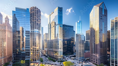 City skyline alive with sleek skyscrapers and contemporary office buildings  a bustling urban panorama AI Image