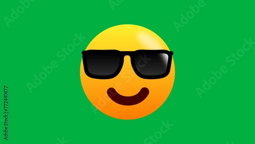Sunglasses wearing emoji animation on green screen. Seamless expression of cool emoji with goggles.