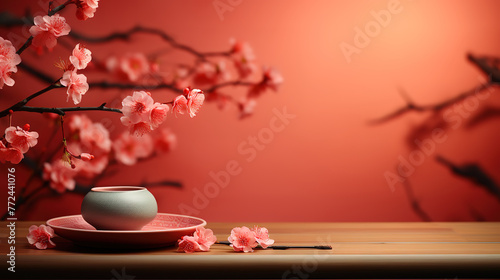 Cherry blossom chinese lantern and red pan background for product