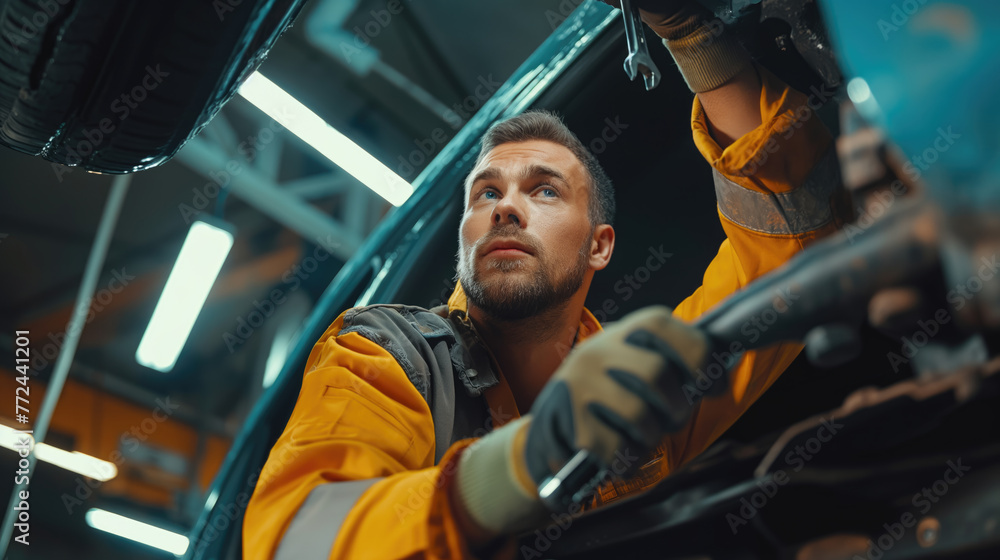 A male auto mechanic repairs the undercarriage of a car from below. A male auto mechanic repairs the undercarriage of a car from below.