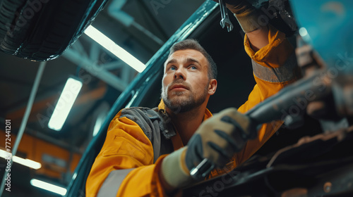 A male auto mechanic repairs the undercarriage of a car from below.